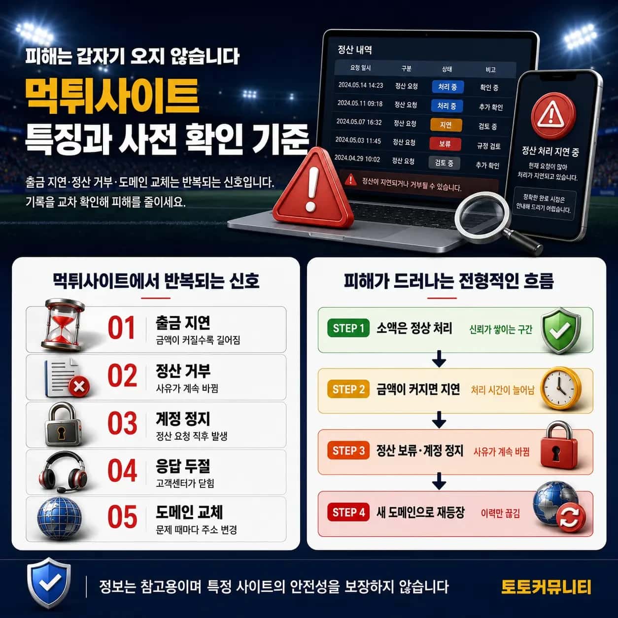먹튀사이트 특징과 사전 확인 기준 먹튀사이트에서 반복되는 출금 지연, 정산 거부, 계정 정지, 응답 두절, 도메인 교체 신호와 피해가 드러나는 4단계 흐름 안내